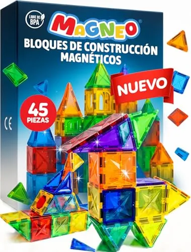 Magneo® Bloques Magnéticos Construcción Niños 45 Piezas – Piezas Magnéticas Niños 3+ Juego de Imanes Creativo – Magnetic Tiles Educativos – Juego de Construcción