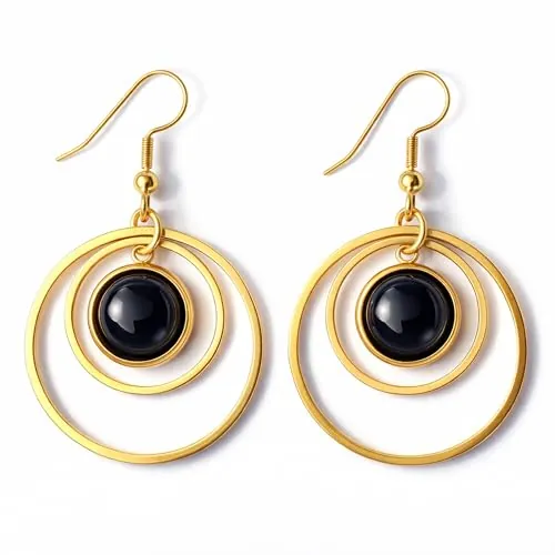 ASTER ALHELÍ - Pendientes Aro Mujer Chapados en Oro con Piedra Natural - Doble Aro Colgante Elegante y Ligero - Aros Dorados Mujer - Regalo Original (Ágata Negra)
