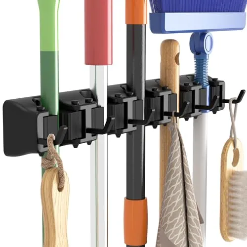Lifewit Soporte de Pared para Escobas y Fregonas, Colgador Antideslizante y Resistente para Cocina, Ideal para Armarios, Garajes, 5 Ranuras y 6 Ganchos, Negro