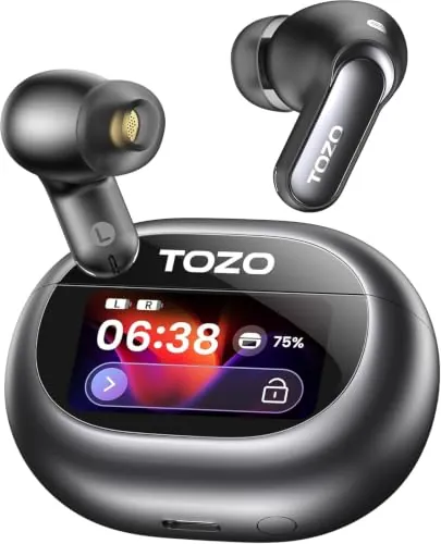 TOZO NC20 Pro Auriculares Bluetooth inalámbricos con Pantalla táctil Inteligente, cancelación Activa de Ruido adaptativa, Audio LDAC Hi-Res, 12 mm Controlador, Modo Juego, 6 mics, IPX8, Negro