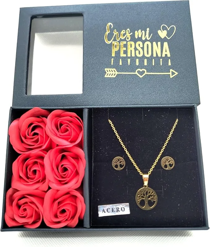 Set Regalo Mujer: Caja con 6 Rosas Eternas Perfumadas, Colgante y Pendientes, Bolsa Incluida - Ideal para Día de la Madre, San Valentín, Cumpleaños (Dorado Árbol)