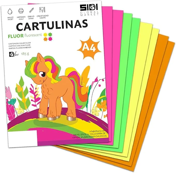 Cartulina A4 Fluor 185 g Cartulina Fluorescente de Colores Neon para Manualidades, Scrapbooking, Impresora Inkjet y Láser, Pack Variado Alta Visibilidad – SIDI (fluor, 250h)