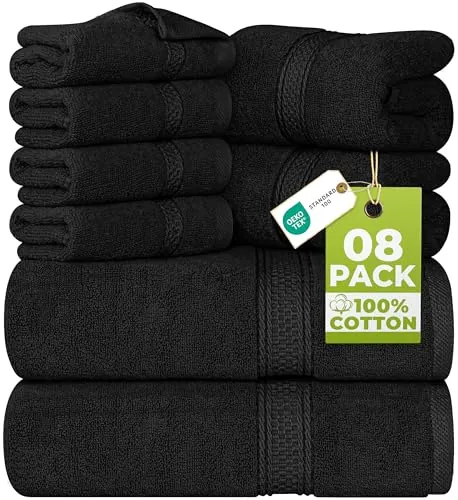 Utopia Towels - Juego Toallas Baño Completo 8 Piezas (Negro) | Juego de 8 piezas con 2 toallas de baño, 2 de mano y 4 de lavabo. Suaves, absorbentes, resistentes y lavables.