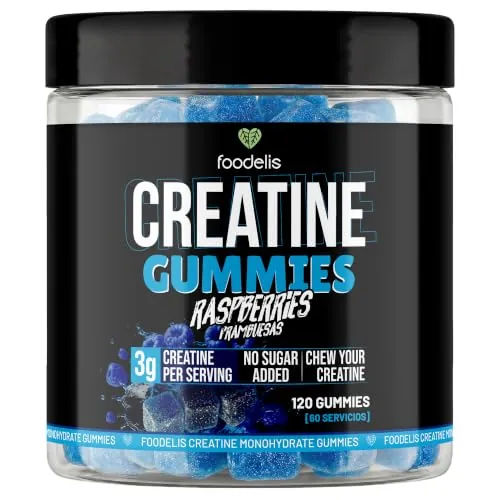 Foodelis Creatina gominolas | Creatina Monohidratada en Gominolas | 1,5 g por Gummy | Dosis 2 Gummies = 3 g (120 ud, Frambuesa azul)