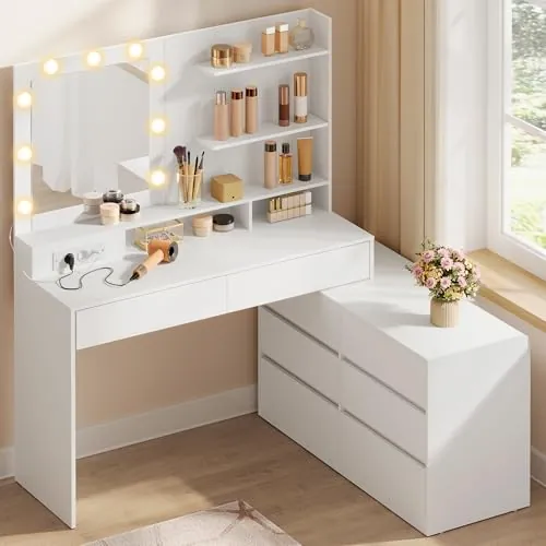 VASAGLE Tocador con Espejo y Luces, 8 Cajones | Mesa de Maquillaje, 8 Cajones, Blanco Nube, Colección KAILYN RDT140WB01