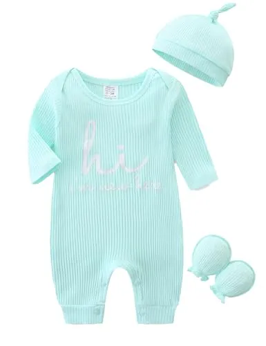KIDDLETOWN Mono para bebé recién Nacido de Manga,Juego de 3 piezas Bebé Niñas Niños Pijama,Bebé Pijamas con sombreros y guantes, Recién Nacido Monos Niños Infantil Pijamapor 0-3 Meses