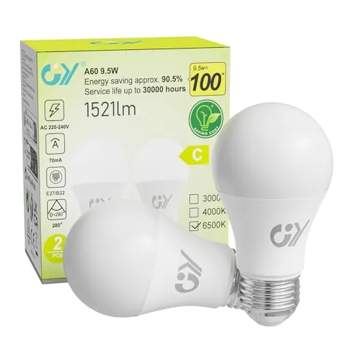 GY Bombillas Led E27 Luz Fría 6500K - 9,5W Equivalente a 100W - 1521 Lúmenes, No Regulable - A60 Bombilla Led Esférica Caja de 2 Unidad