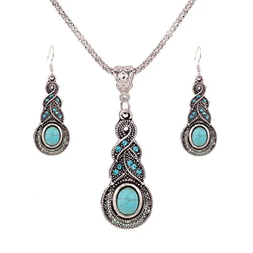 YAZILIND Regalo de la joyería de Plata tibetana de la Turquesa Encanto cristalino de la Mariposa del corazón Pendientes del Collar para la Mujer