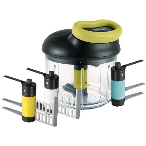 Tefal 5 Segundos - Picadora Manual 900 ml | 4 Cabezales con Cuchillas de Acero Inoxidable y Hoja para Puré, Sin Electricidad, Rápida y Segura, Fácil de Limpiar