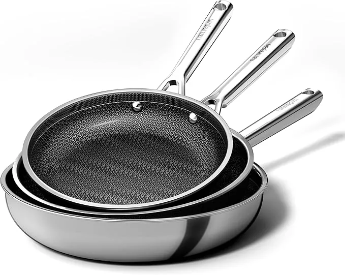 DiamondTitan Set 3 Sartenes Acero Inoxidable (20+24+28 cm), Sartén de Cerámica Antiadherente, para Todas Cocinas, Estructura Panal Láser, Mango Fresco, Lavavajillas