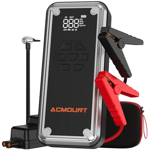 Acmount Arrancador de Baterias de Coche 7000A, Compresor de Aire 150 PSI Arrancador de Coches Booster Bateria 12V (hasta 9L Gasolina y 8L Diésel) con Pantalla LCD, Linterna LED de 600 Lúmenes