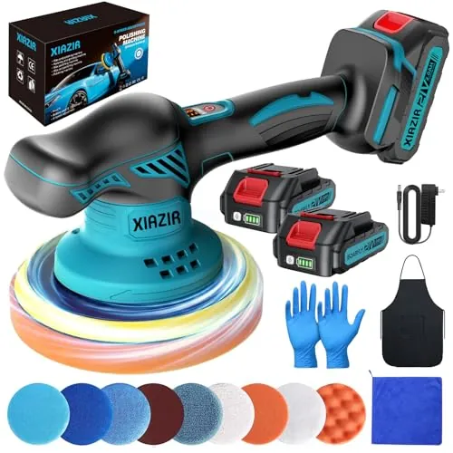 Pulidora Coche Inalámbrica 150 mm Orbital Doble Acción con 2×21V 2000mAh Baterías, Kit 13 Piezas, 6 Velocidades Ajustables 6000RPM, Pulidora Batería para Encerar,