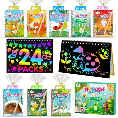 ZMLM Libros Scratch Art Kit con Plantilla y Lápiz de Madera, Regalos Cumpleaños Niños Colegio - Lembrancas Aniversario Criancas - Detalles cumpleaños niños y Niña Alumnos 3 a 12 Años (24 Naturaleza)
