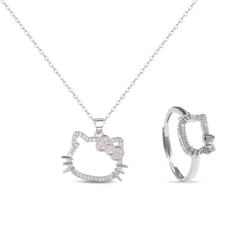 BCHKO 2 Piezas Conjunto de Joyas, Anillo y Collar, Collar de Gato con Diamante, Colgante de Gatito Kawaii con Lazo, Joyería, Regalos para Niñas