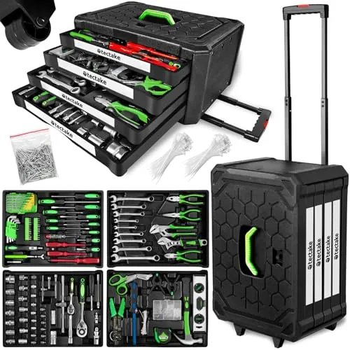 tectake® Maletín Herramientas Profesional con 899 Piezas, Carro Herramientas con Asa Telescópica, Caja Herramientas Completa con 4 Niveles, Carro de Herramientas Taller Mecánico, Bricolaje - negro