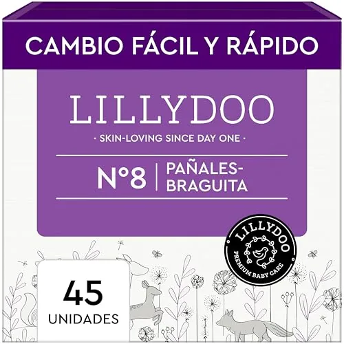 Pañales-braguita LILLYDOO - talla 8 (17+ kg), caja de medio mes (45 unidades), protección contra fugas, delicados con la piel, suaves, sin perfumes ni lociones, dermatológicamente testados