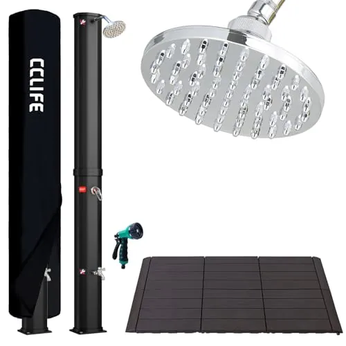 CCLIFE Ducha de Jardín Solar con Suelo de plástico de 40 litros con Agua Caliente, Piscina de Exterior, con Cabeza de Ducha y Grifo, Temperatura de hasta 60° C