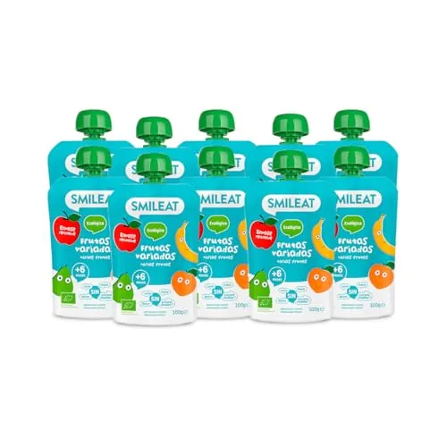 Smileat - Pack de 10 Pouch de Frutas Ecológicas - Sin Sal ni Azúcar Añadido, Sin Gluten - Snack Práctico para Peques - Sabor a Frutas Variadas