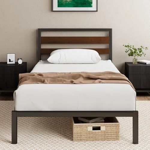 Zinus Kai Somier 90x190 cm - Altura 25.4 cm - Base Cama Individual en Bambú y Acero con Cabecero - Láminas de Metal - Espacio de Almacenamiento - Montaje Fácil- Negro y Marrón