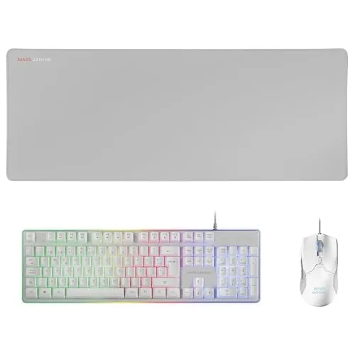 Mars Gaming MCPX, Idioma Español, Combo Gaming 3en1 con Teclado H-Mech Iluminado, Ratón Ultraligero 10000 dpi con Software y Alfombrilla XXL, Compatible con PC, PS4, PS5, Xbox, Blanco
