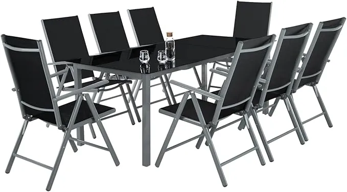 tectake® Conjunto Muebles Jardín Exterior 9 Piezas, Estructura de Aluminio, Mesa y Sillas Terraza Impermeables, Resistentes a Intemperie, Sillas Plegables y Reclinables, Tela Transpirable - Antracita