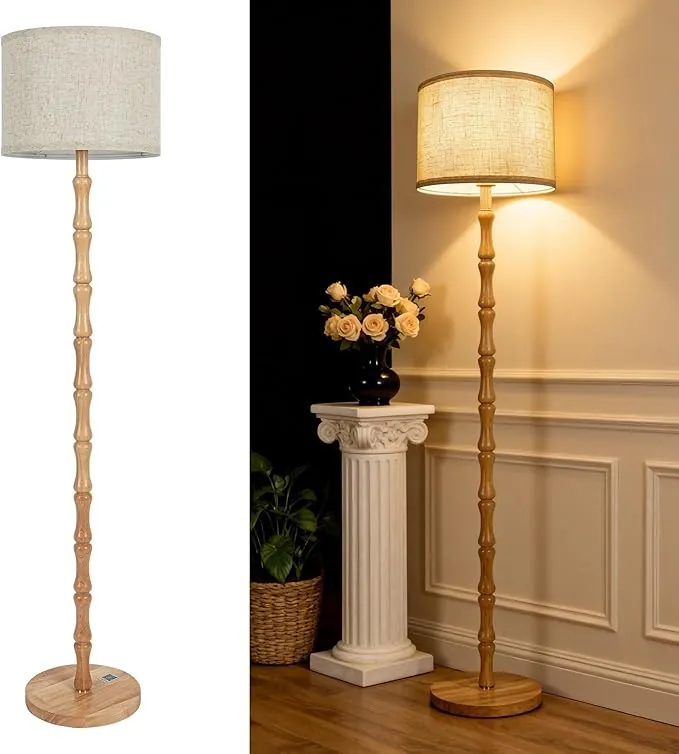 Lámpara de Pie de Madera Vintage para Salón, Estilo Boho Rústico Escandinavo, Lámpara de Pie en Roble Natural con Pantalla de Lino Beige, E27, 167cm, Dormitorio y Rincón Lounge
