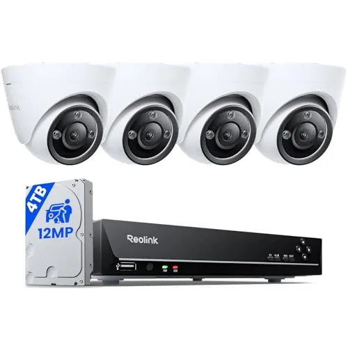 Reolink 12MP Kit Camaras de Vigilancia Exterior con Spotlight, 4X IP PoE Cámaras de Seguridad con HDD de 4TB para Grabación Continua, Visión Nocturna Colorida, Audio bidireccional, RLK8-1200D4-A