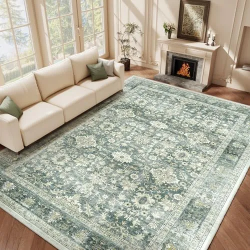HOMFINE Alfombra Salon 120x170cm Vintage Lavable Verde