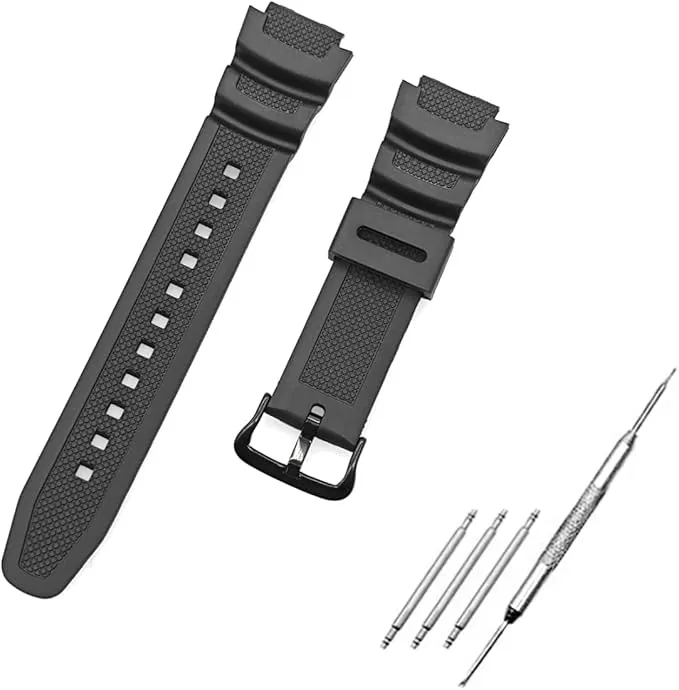 JZK Correa repuesto caucho negro 18mm relojes para Casio AE-1300/AE-1200, SGW-300H/SGW-400H/SGW-500H, W-218H/W-219H, MRW-200H, Correa plástico impermeable con herramienta para su instalación