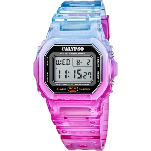 CALYPSO Reloj Digital Hombre y Mujer - Unisex de Caucho Multi - Resistente al Agua 5 ATM Fecha y Calendario, Cronógrafo, Doble Horario, Luz, Alarma, 12 y 24 Horas K5874/5 - Color Splash
