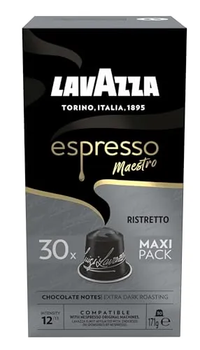 Lavazza, Espresso Maestro Ristretto, 30 Cápsulas de Café Compatibles con Máquinas Nespresso Original, con Notas Aromáticas de Chocolate y Caramelo, Arábica y Robusta, Intensidad 12/13, Tueste Oscuro