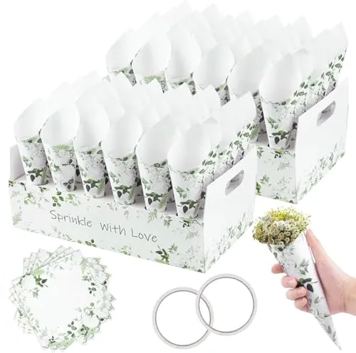 KALBIGRO 60 Piezas Conos Arroz Boda, Cono Papel Kraft Boda con 2 Caja Soporte Cucuruchos de Papel para Bodas, Conos de Confeti Boda para Decoración Boda Fiesta Ceremonia, Hojas