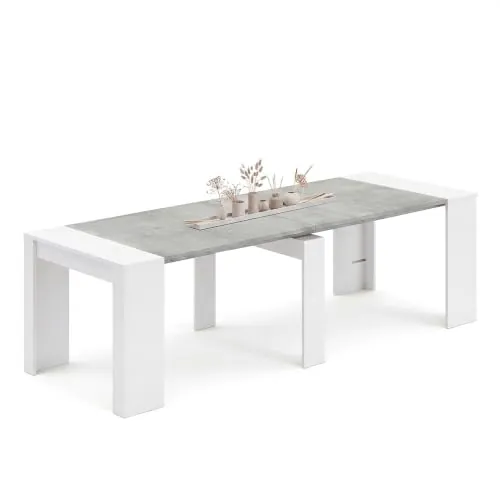 duehome | Mesa de Comedor, Consola, Mesa Extensible, Mesa para Salon, Recibidor o Cocina, Blanco Artik y Cemento, Modelo Denis, Medidas: 50-235 cm (Largo) x 90 cm (Ancho) x 78 cm (Alto)