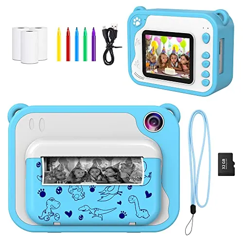 Ushining Cámara Instantánea para Niños, Videocámara HD 1080P con Pantalla de 2,4 Pulgadas Cámara Fotos Infantil Instantanea con Tarjeta SD de 32 GB y Papel de Impresión, Regalos para 3 a 12 Años, Azul