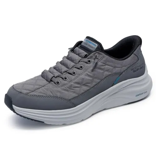 Skechers Hombre Contour Foam Cozy Fit Slip-In Entrenador, Charcoal Mesh/Duraleather/Black Trim, 44 EU
