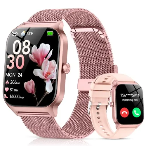 Reloj Inteligente Mujer - 2 Correas, Llamadas Bluetooth Asistente IA, Whatsapp Notificaciones, 1.85" Smartwatch Mujer con SpO2 Pulsómetro Estrés Monitor de Sueño,120+Modos Deportes para iPhone Android