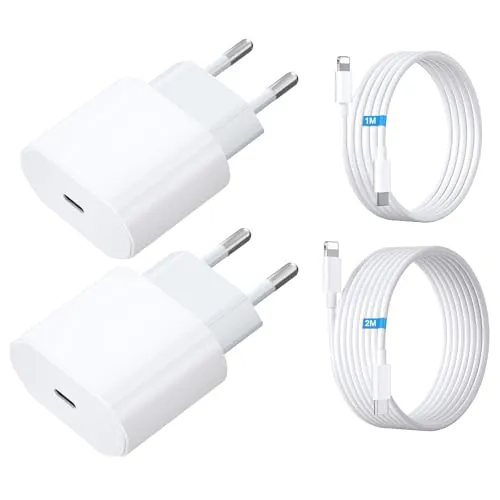 Cargador USB C Dual de 20W con Cable Lighting de 2M + Cable Lighting de 1M, Cargador para iPhone Carga Rapida para iPhone 14/13/ 12/11/ X/ 8/7