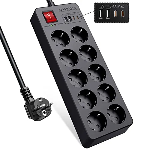 Regleta Enchufe 10 Tomas USB C, Regleta 10 Enchufes con Interruptor, Alargador Enchufe Multiple con Proteccion Sobretension y Sobrecargas, Ladron Enchufes Protección Infantil, Cable 1.5m, Negro