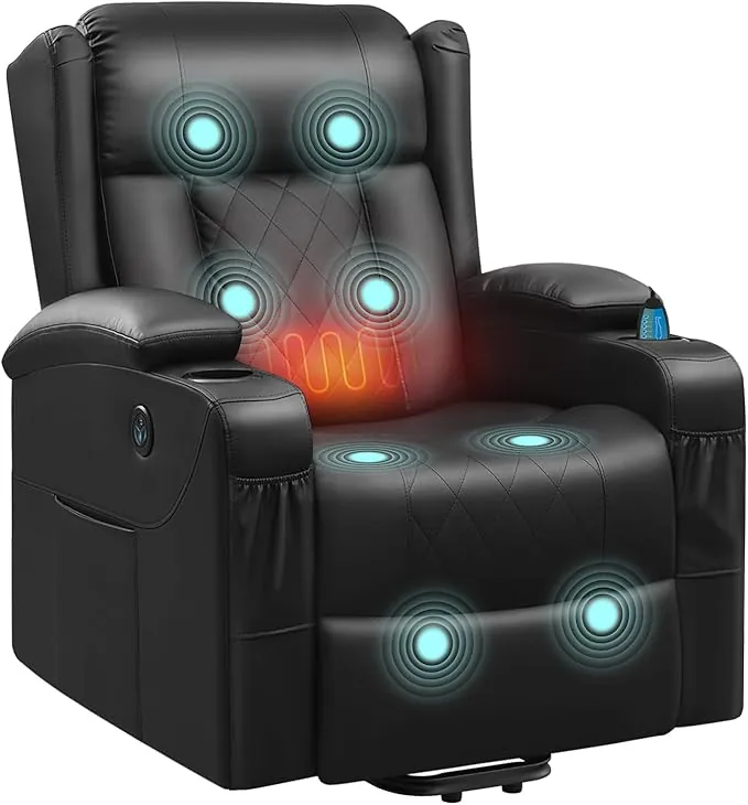 WOLTU Sillón Reclinable Eléctrico, Sillón de Masaje con Ayuda para Levantarse, Sillon Relax con Calefacción de Masaje, Reposapiés, Bolsillos, Portavasos, Puerto USB, PU, Negro, SKS62sz