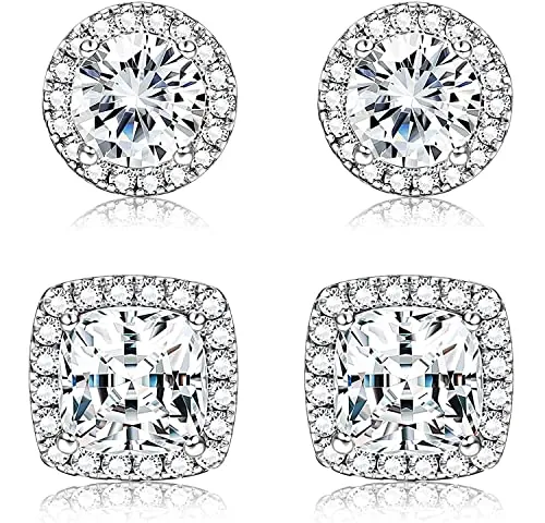 Dochais 2 Pares Pendientes Plata de ley 925 para Hombre Mujer Pendientes Diamante Zirconia Brillante Redondos Cuadrados Oro 14K Pendiente Hipoalergénicos Grandes para Hombres Mujeres Unisex Plata
