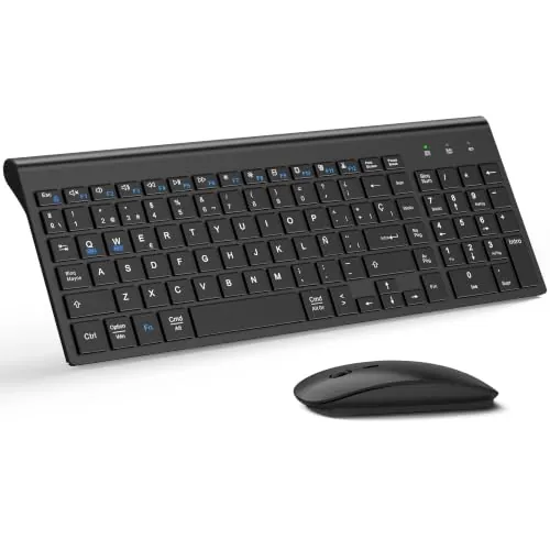 Combo Teclado y Ratón Inalámbrico Ultradelgado, Doble Sistema- Negro Mate | TopMate 2.4G Compacto Silencioso 2400DPI Teclado de Tamaño Completo con Cubierta, Baterías Incluidas, para Laptop/Windows/Mac
