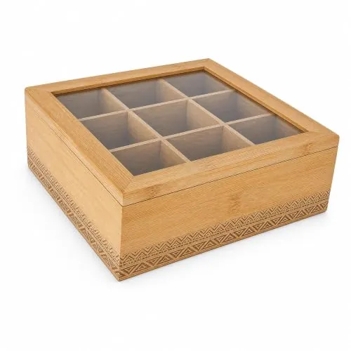 Caja de Bambú para Infusiones con Tapa 9 compartimentos 23×23×7,3 cm