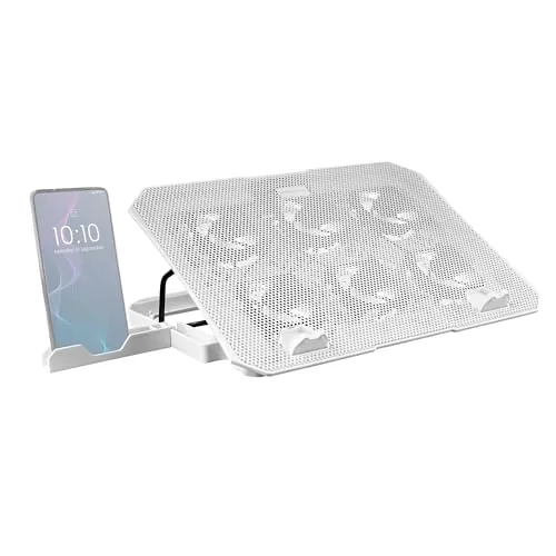 Mars Gaming MNBC23, Base Refrigeradora y Stand 16”, 6 x Ventiladores Controlables con LED Azul, Stand 6 Posiciones, Soporte Smartphone, 2 USB 2.0, Blanco