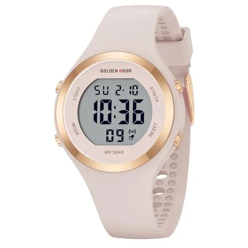 GOLDEN HOUR Reloj Digital Mujer, Resistente al Agua hasta 5 ATM, Deportivo, cronógrafo, Correa de Silicona, Reloj de Pulsera para Mujer con Fecha, Esfera Luminosa de fácil Lectura -Oro rosa/Rosa arena