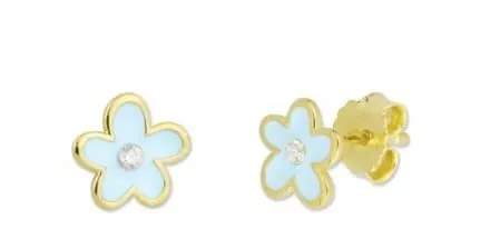 Turmalina - Pendientes bebe niña dorados flor azul de Plata de Ley 925, pendientes con motivo de flor de color azul y piedra, tamaño de 7,5 mm, de la marca de joyería Turmalina by Martina