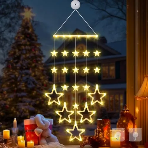 Luces Navidad para Ventana con Estrella, 87*26cm Cortina Luce a Pilas | 44 LED Guirnalda Luces de Navidad Blanco Calido, Temporizador, 8 Modos, Decoración Navideñas Interior