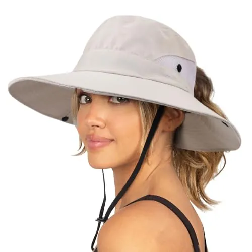 DRESHOW Mujer Sol Sombrero Al aire Libre UV Protección Sombrero Plegable Ala Ancha Pesca Ponytail Playa Bucket Sombreros