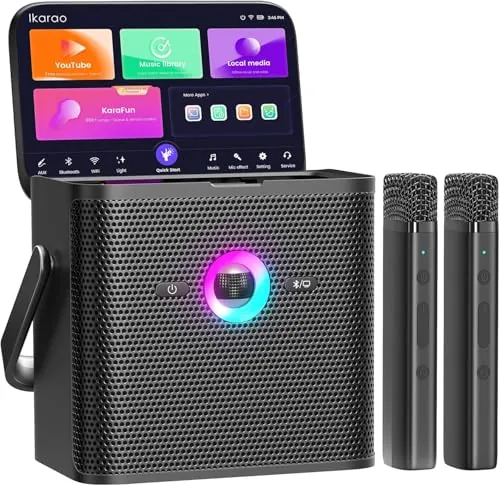 Máquina de karaoke Ikarao para adultos y niños, con pantalla de visualización de letras, conexión WiFi a YouTube y aplicación de karaoke, 2 micrófonos inalámbricos EQ Autotune, sistema PA de karaoke