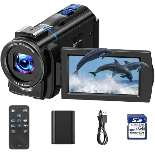 Cámara de vídeo 4K 48MP Videocámara 16X Digital Zoom IR Cámara Vlog, 3" 270° giratoria Pantalla táctil Vlogging Cámara para Youtube, Camcorder Video Camera con Tarjeta SD de 32 GB, Remoto, batería