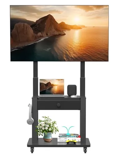 Soporte de TV rodante con cajón de Tela para Pantalla Plana/Curvada de 32-75" de hasta 220 Libras LCD/LED/OLED, Altura Ajustable, Carrito de TV móvil con Ruedas para Oficina en casa al Aire, Negro